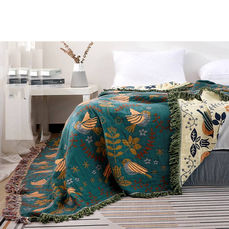 Boho Breathable Flower Bird Reversible Blanket