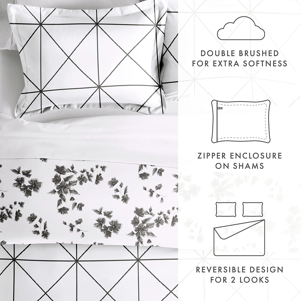 Edgy Flowers Pattern 3-Piece Reversible Duvet Cover Set