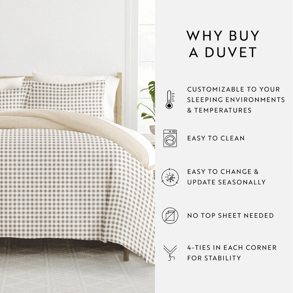 Gingham Check Pattern 3-Piece Reversible Duvet Cover Set