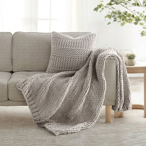 Chunky Knit Throw Blanket and Decor Pillow with Insert Bundle