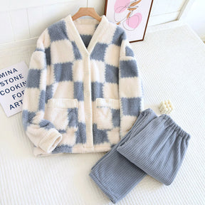 Checkerboard V-neck Soft Fluffy Pajama Set