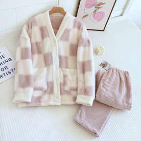 Checkerboard V-neck Soft Fluffy Pajama Set