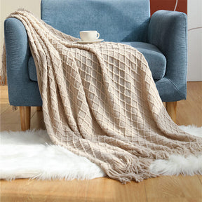 Knitted Prismatic Pattern Blanket with Tassels