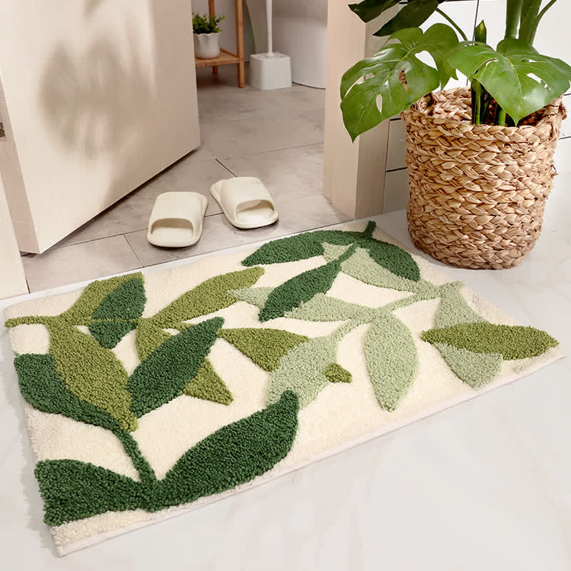 Green Leaf Print Soft Non-Slip Floor Rug