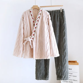 Embroidery Fluffy Fleece Long Sleeves Pajama Set